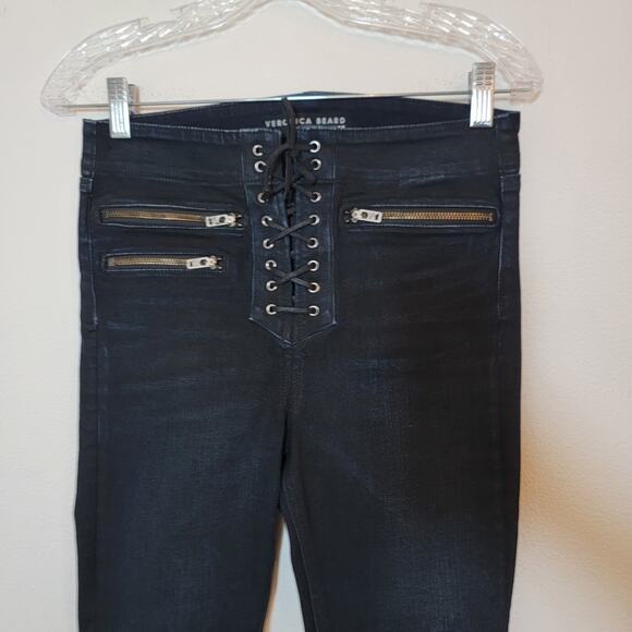 Veronica Beard Jeans Denim Sz 27 Lita 10" Moto Lace Up Made in USA Skinny Dark - Picture 5 of 13